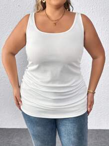 SHEIN CURVE+ Curve Casual Basic Deep U-Neck Narrow Ribbed Women's Plus Size Regular Tank Top, White, Sleeveless With Ribbed Texture, Folded And Ruched Detail On The Side,Fall Outfits - White - View 9