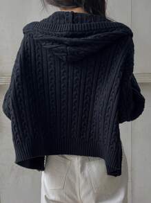 DAZY 女士纯色落肩宽松休闲连帽开衫，秋冬，长袖上衣夹克 - 藏蓝色 - 查看 2