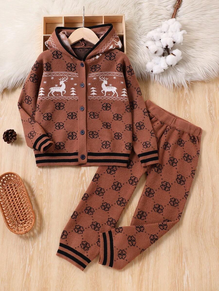 Conjunto de suéter tejido lindo y retro de moda para niño pequeño - Marrón - Ver 1