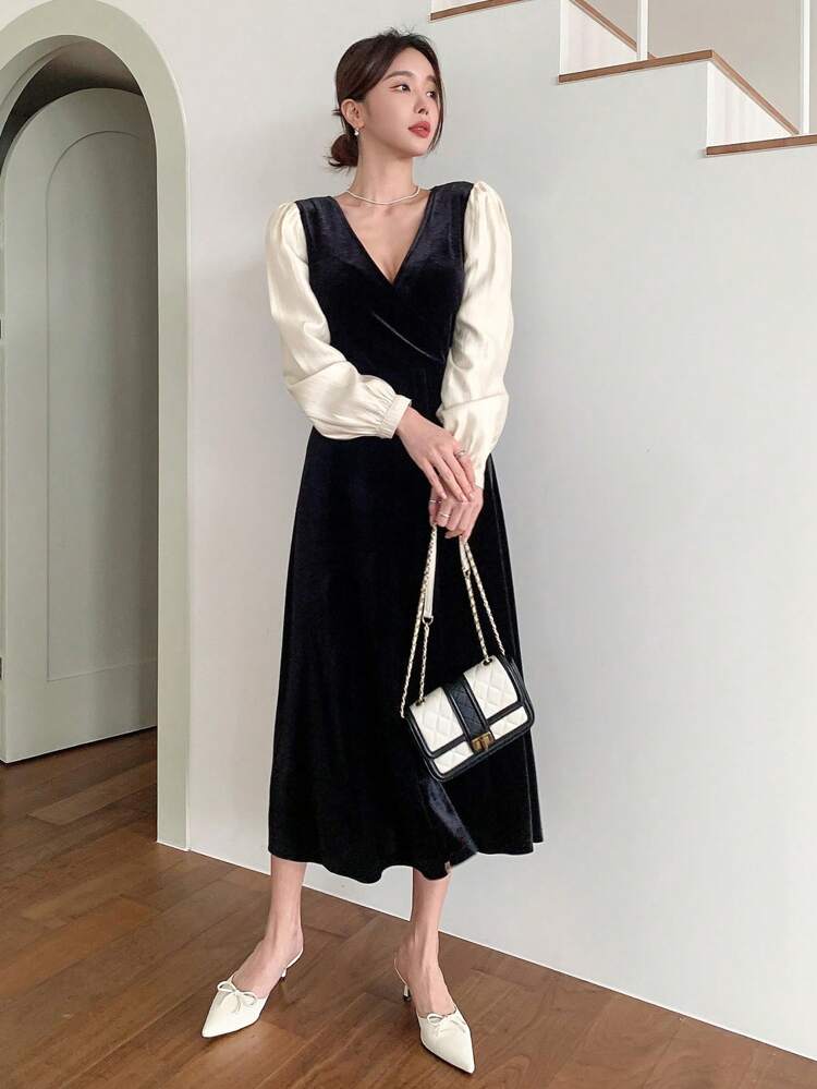 Women's V-Neck Velvet Patchwork Waisted Dress Maxi Dress