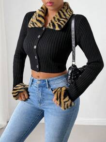 Chiquease Women's Long Sleeve Cardigan With Fluffy Collar & Zebra Pattern