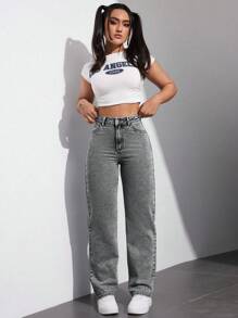 SHEIN EZwear Casual Washed Straight-Leg Jeans - Grey - View 6