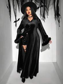 Flirla Plus Size Halloween Solid Color Fluffy Patchwork Flare Sleeve Hooded Maxi Cardigan, Autumn - Black - View 7