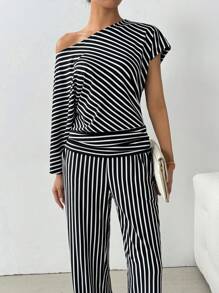 Chiquease 2 cái/bộ Quần sọc bất đối xứng và quần lưng cao co giãn có túi thẳng - Nhiều màu - Xem 4