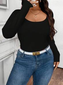 Elenzga Plus Size Casual Solid Color Slim Fit Long Sleeve T-Shirt, Spring&Autumn Fall Cloth For Women - Black - View 5