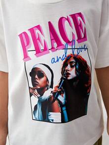 SHEIN Explorewe 2 件装年轻女孩街头风格肖像印花超大 T 恤和工装裤嘻哈服装 - 玫紅色 - 查看 3