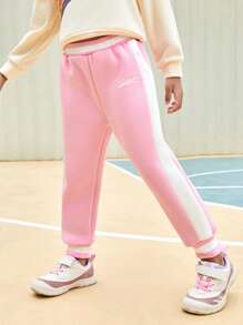 SHEIN Pantalon de sport long rayé vintage avec imprimé lettre et taille côtelée contrastée pour jeune fille, automne et hiver