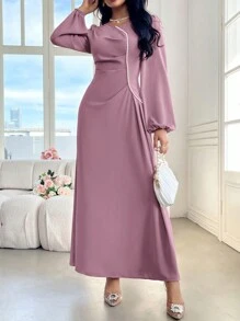 Modelyn 女士纯色仿珍珠装饰长袖褶皱阿拉伯朴素连衣裙长款晚礼服