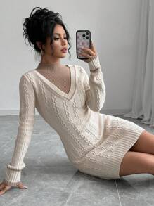 Calvaya Vestido de suéter elegante de manga larga con ajuste ceñido y bloque de color para mujeres, otoño/invierno