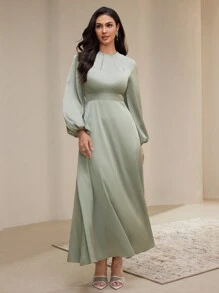 Veilorie Women's Elegant Solid Color Lantern Sleeve Long Dress, Spring & Autumn Modest - Green - View 7