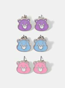 SHEIN X Care Bears 3 Pairs Cute Cartoon Bear Design Stud Earrings, Suitable For Daily Wear