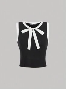 SHEIN MOD Women's Elegant Collegiate Color Block Knitted Sweater Vest, Spring Autumn - Black - View 1