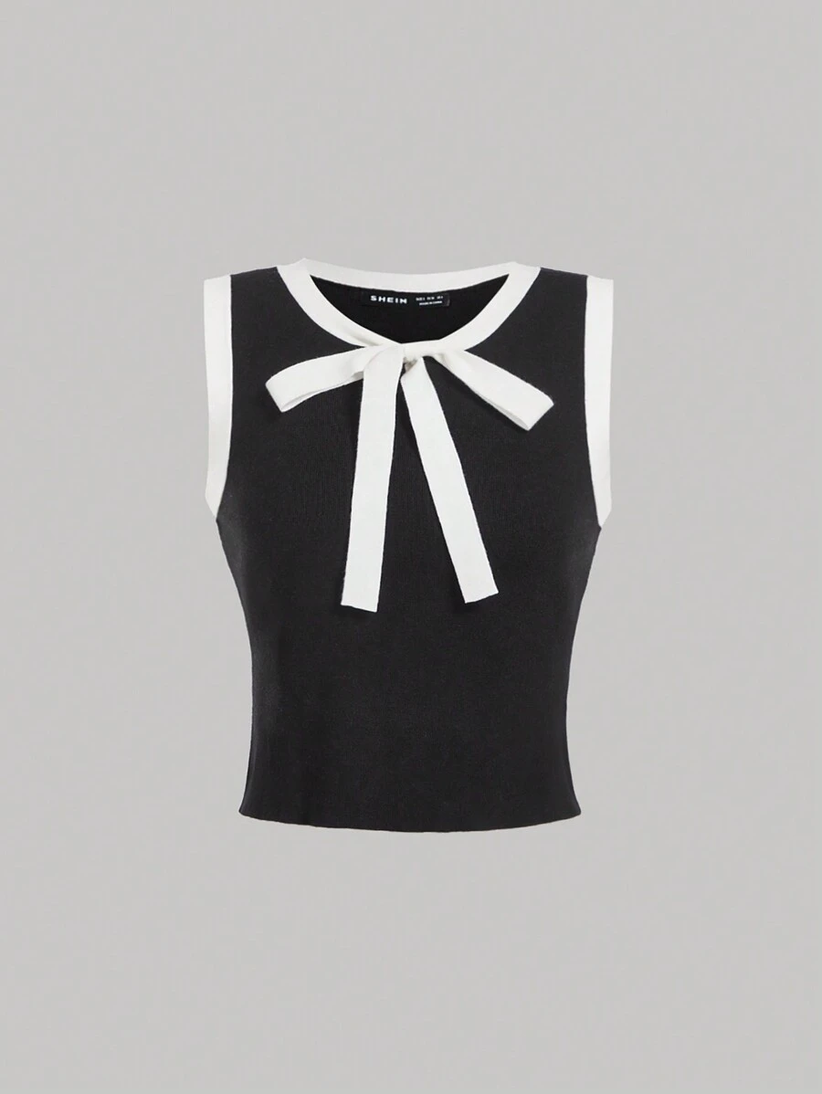 SHEIN MOD Women's Elegant Collegiate Color Block Knitted Sweater Vest, Spring Autumn - Black - View 1