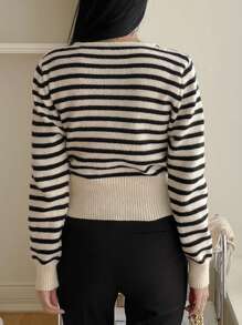 DAZY Áo khoác cardigan dáng ôm, cổ chữ V, họa tiết sọc tương phản, quần áo mùa thu cho nữ - Đen và trắng - Xem 4