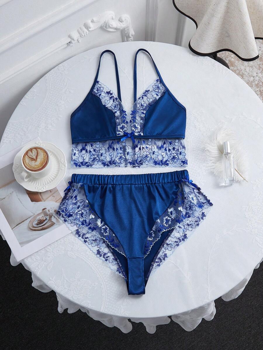 Contrast Lace Trim Deep V Sexy Faux Silk Pajama Set - Royal Blue - View 1