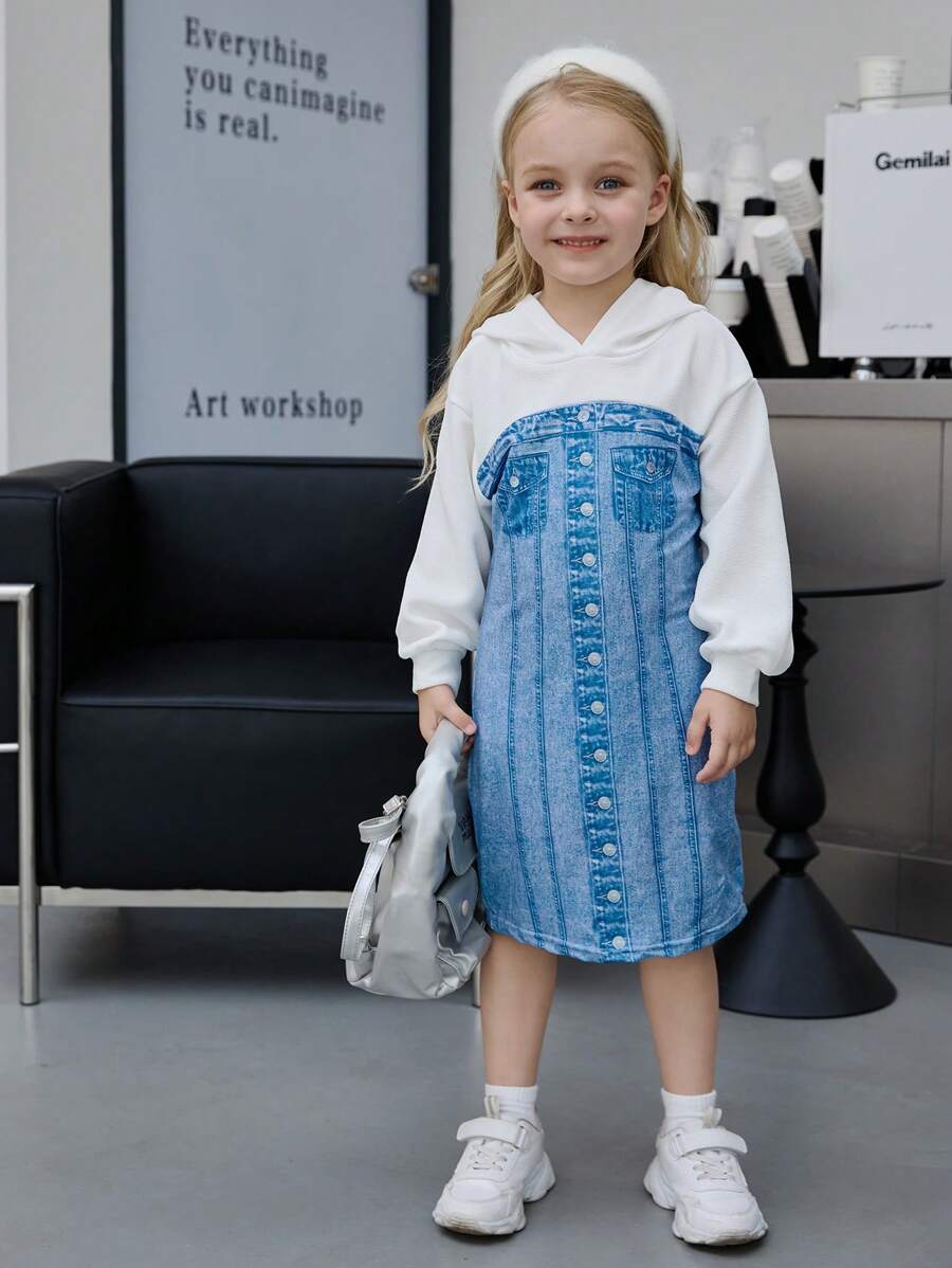 SHEIN 年轻女孩休闲拼色连帽连衣裙，秋季