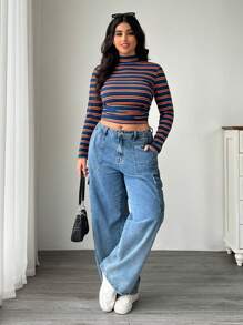 SHEIN EZwear 大码高领条纹 T 恤，秋冬 - 彩色 - 查看 5