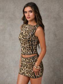 SHEIN BAE Women Round Neck Sleeveless Fashionable Leopard Pattern Casual Tank Top - Maroon - View 3