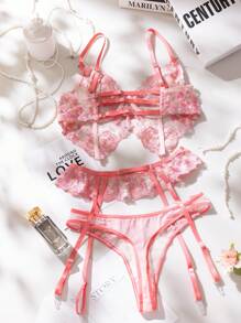 3 peças/Conjunto Conjunto Sexy de Lingerie Feminina - Rosa chiclete - Visão 4