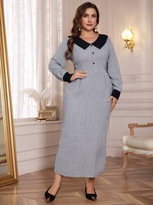 Modelyn Plus Size Elegant Color Block Waisted Dress For Spring & Autumn, Elegant Vintage Fitted Dresses, For Evening Party/Wedding Guest/Anniversary Maxi Women Outfit Long Evening Dresses