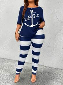 Maweii Plus Size Nữ Mùa Hè In Chữ Xoắn Lưng Rời Áo Thun Và Sọc Quần Dài Thường Ngày 2 Bộ - Xanh và trắng - Xem 4