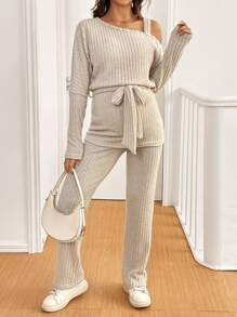 SHEIN 2pcs/Set Maternity Asymmetrical Neck Long Sleeve Top, And Pants Set - Apricot - View 5