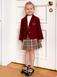 PrepCrw Chaqueta de manga larga ajustada tejida con bordado rojo, tipo uniforme escolar, para niñas, temporada de vuelta a clases