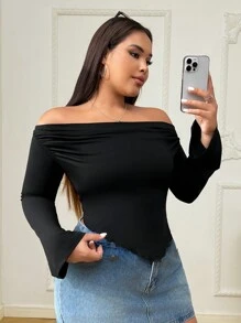 SHEIN EZwear Plus Size Women Spring Summer Solid Asymmetrical Hem Casual Off Shoulder T-Shirt Top