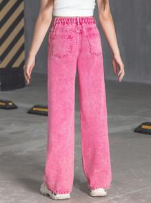 少女Y2K街头日常款弹力腰直筒牛仔裤，带平口袋，日常款 - 玫紅色 - 查看 2