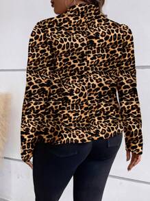 SHEIN Clasi 秋季大码时尚豹纹翻领夹克 - 棕色 - 查看 4