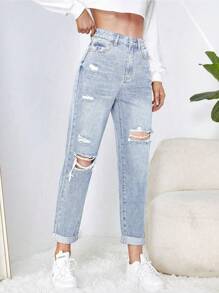SHEIN EZwear High Waist Ripped Mom Fit Jeans - Light Wash - View 4