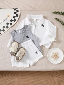 SHEIN Playful Pals 男婴纽扣长袖衬衫、圆领无袖背心和松紧腰短裤 3 件套服装 - 灰色 - 查看 1