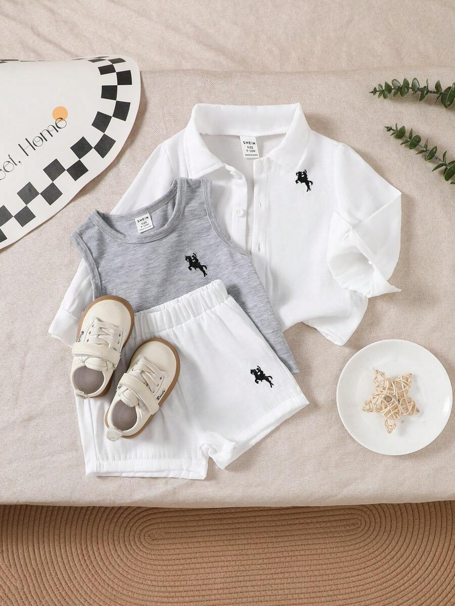 SHEIN Playful Pals 男婴纽扣长袖衬衫、圆领无袖背心和松紧腰短裤 3 件套服装 - 灰色 - 查看 1