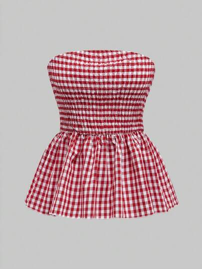 Kawaii قمصان النساء الكاجوال الصيفية ذات الهامة المكشكشة والمربعات