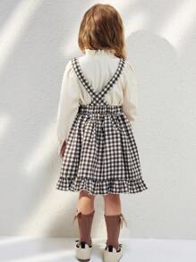 Blossori Young Girls' Elegant French Black & White Plaid Loose Bib Dress, Autumn/Winter