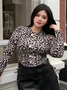 Dazy Petite Plus 加大码长袖豹纹侧抽绳 T 恤，休闲日常穿着猎豹印花，秋季服装 - 棕色 - 查看 1