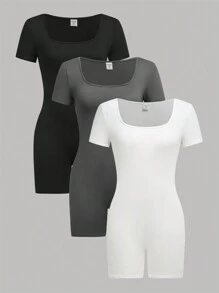 SHEIN Girlism 3pcs/Set Teen Girl Knit Solid Crew Neck Form-Fitting Casual Short Sleeve Jumpsuit
