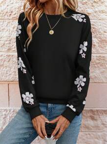 SHEIN LUNE Gray Floral Printed Raglan Sleeve Sweatshirt, Casual Autumn Pullover Fall - Black - View 3