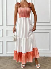 RueChic Women's Contrast Color Ruffled Hem Maxi Casual Dress For Beach