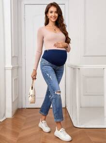 SHEIN Maternity Adjustable Waist Distressed Flared Casual Jeans - Medium Wash - View 3