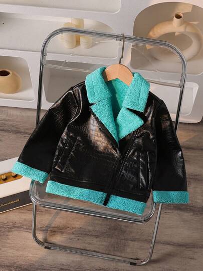 Young Girl' Motorcycle Faux Leather Jacket With Thermal Lining, 2024 Winter Warm Windbreaker