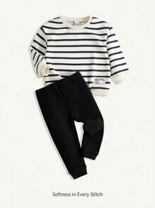 Cozy Pixies 2 件装女婴黑白条纹装饰圆领落肩运动衫和裤子套装 - 彩色 - 查看 1