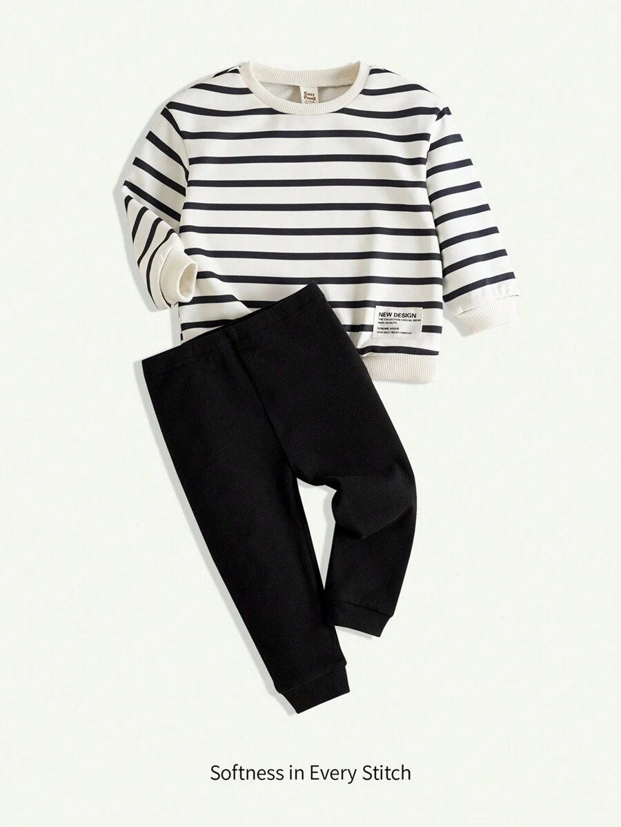Cozy Pixies 2 件装女婴黑白条纹装饰圆领落肩运动衫和裤子套装 - 彩色 - 查看 1