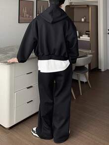 2 piezas Conjunto de sudadera con capucha y pantalón de chándal de color liso con cordón para hombre - Negro - Ver 2