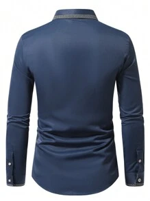 Manfinity Mode 男士春夏格子拼接长袖休闲通勤衬衫，男士正装衬衫，正装衬衫，男士商务休闲衬衫 - 藏蓝色 - 查看 2