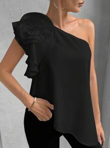 Firerie 女式不对称领口宽松花卉上衣，下摆不对称 - 黑色 - 查看 3