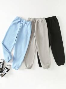 SHEIN Tween Boy Ribbed Fleece Elastic Waist Cuffed Pants Set - Multicolor - View 2