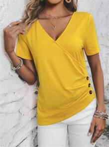 INAWLY Women's Solid V-Neck Short Sleeve Pleated Casual T-Shirt, Summer - Yellow - View 5
