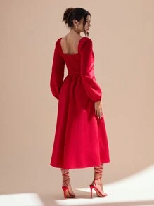 Allurite 纹理面料仿鱼骨优雅长袖红色连衣裙，适合约会和休闲穿着