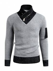 Manfinity RelaxMax Men's Colorblock Stand Collar Vintage Distressed Knitted Cable Knit Long Sleeve Sweater, Fall & Winter, For Work, Family Matching